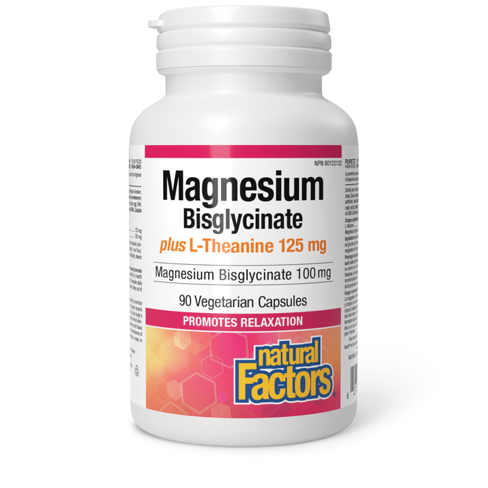 Natural Factors Magnesium Bisglycinate plus L-Theanine 100 mg/125 mg 90 Vegetarian Capsules