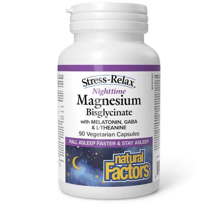 Natural Factors Nighttime Magnesium Bisglycinate with Melatonin, GABA & L-Theanine 90 Vegetarian Capsules