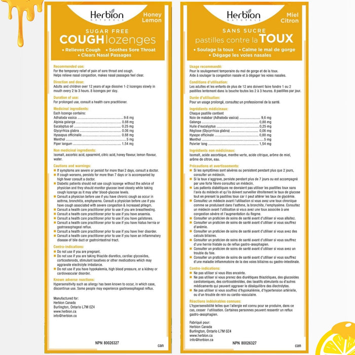 Herbion Sugar Free Cough Lozenges Honey Lemon 18 Lozenges