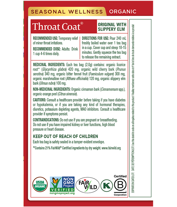 Traditional Medicinals Organic Throat Coat Tea 16 Tea Bags