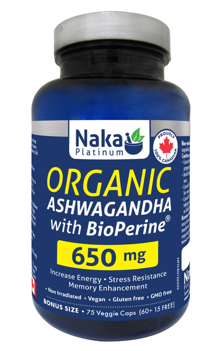 Naka Platinum Organic Ashwagandha with BioPerine 75 Veggie Caps