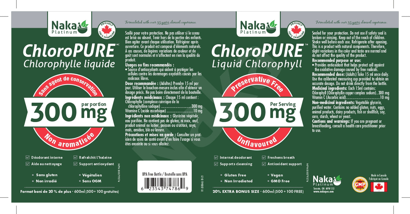 Naka Platinum ChloroPURE (Liquid Chlorophyll) 300mg Unflavoured 600mL