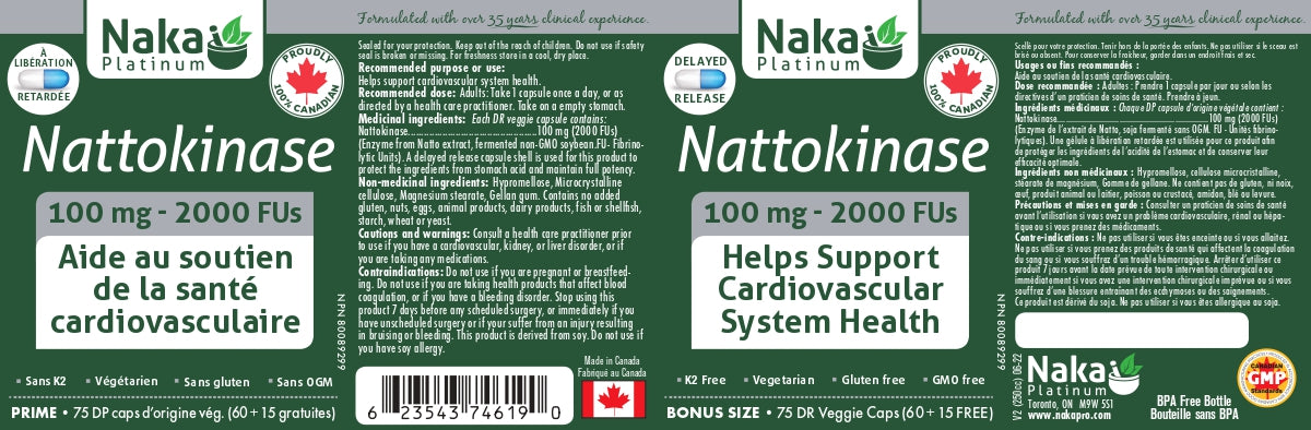 Naka Platinum Nattokinase 100mg 60+15 Delayed Release Veggie Caps