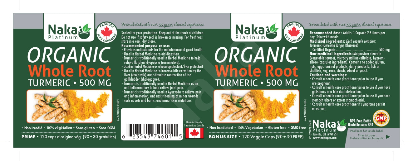 Naka Platinum Organic Whole Root Turmeric 500mg 90+30 Veggie Caps