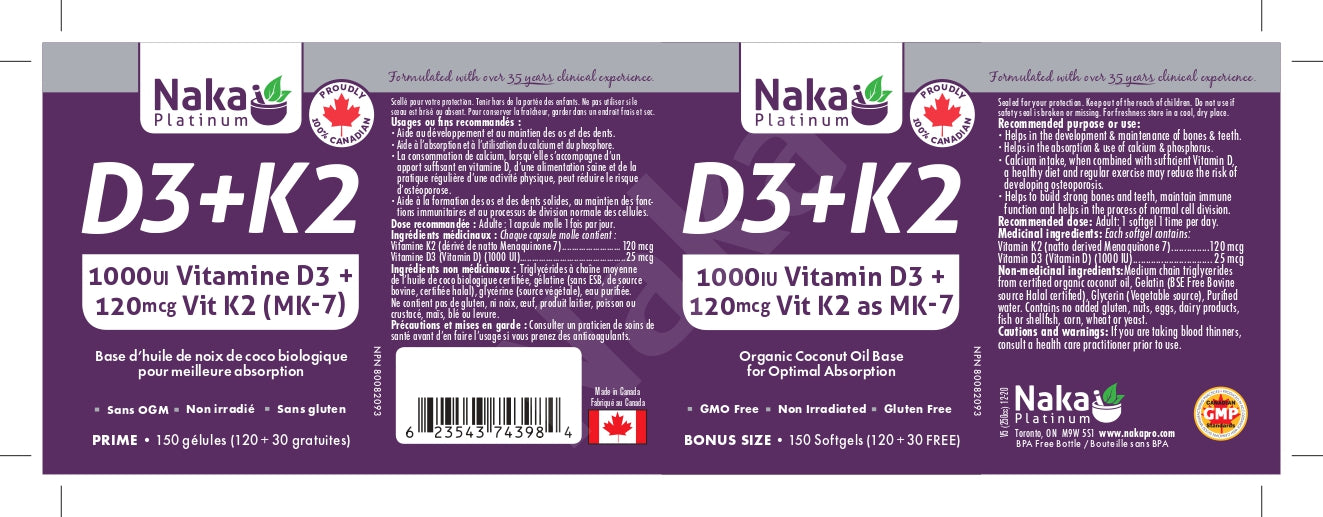 Naka Platinum D3+K2 1000 IU 120+30 Softgels