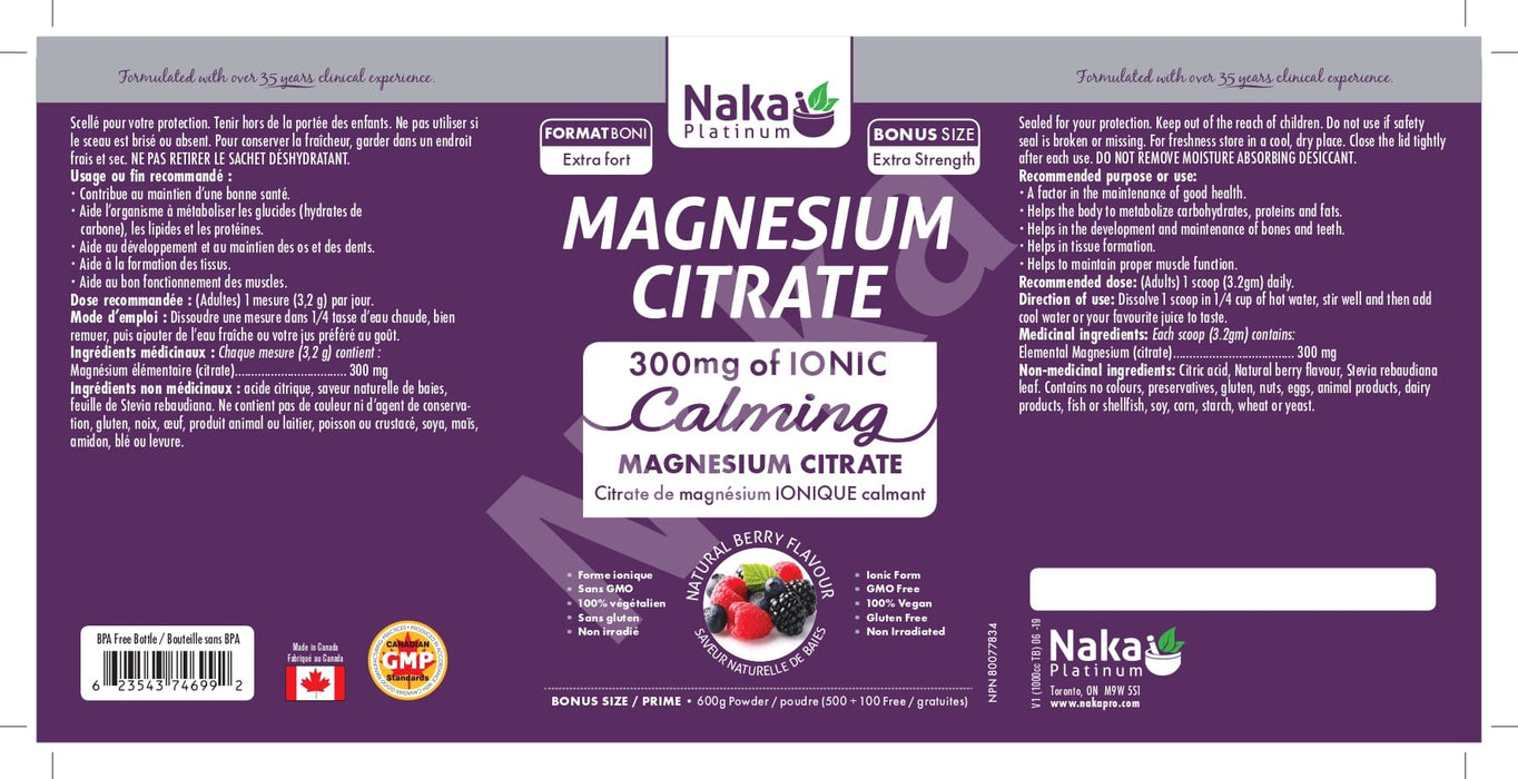 Naka Platinum Magnesium Citrate 300mg Berry 500+100g