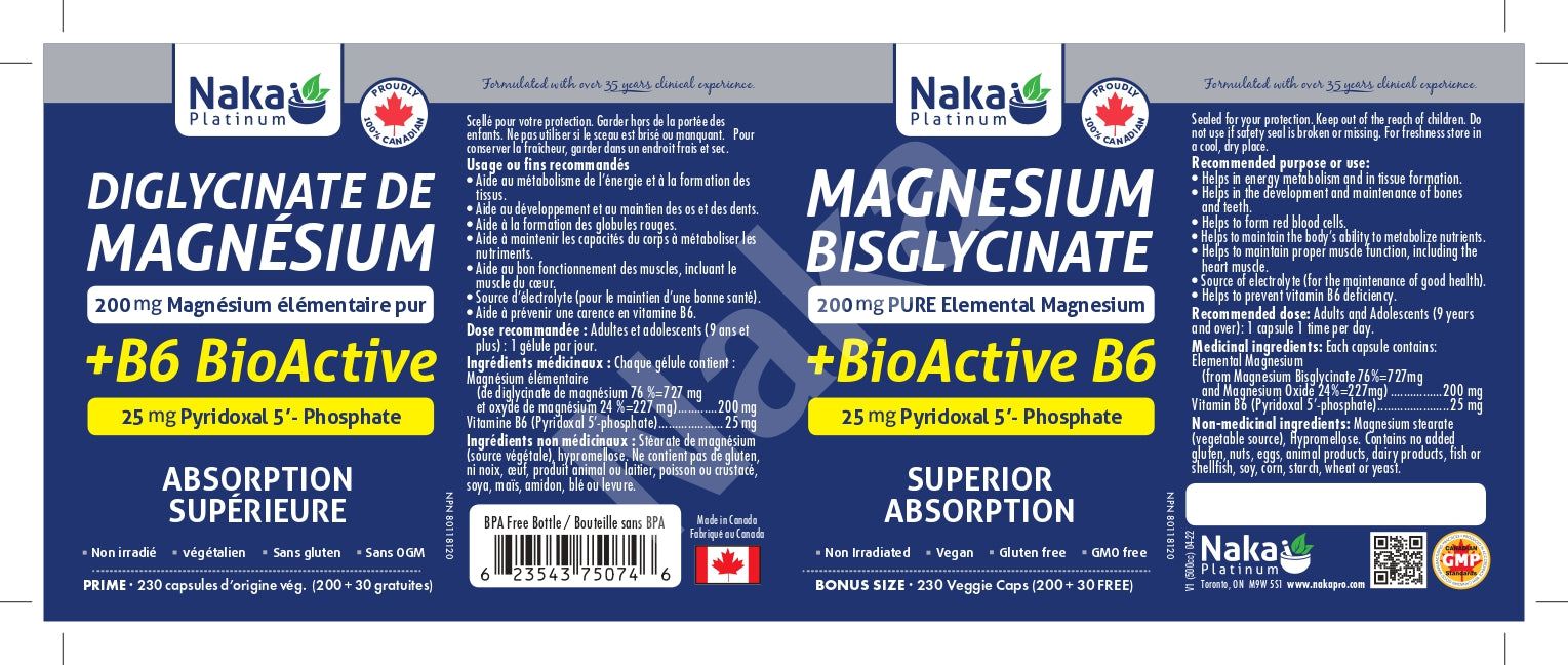 Naka Platinum Magnesium Bisglycinate + BioActive B6 200+30 Veggie Caps