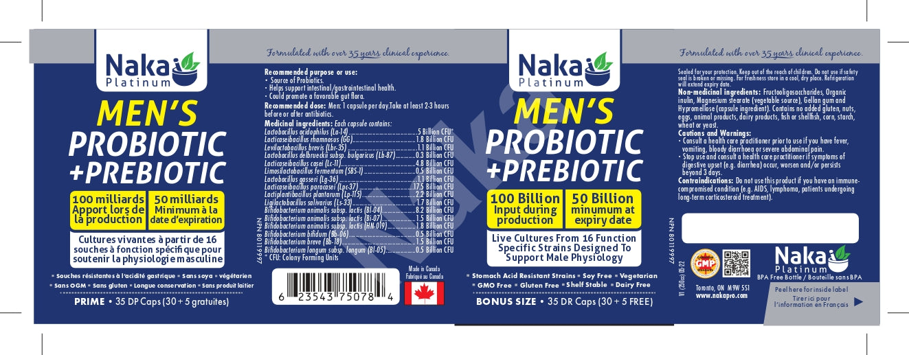 Naka Platinum Men's Probiotic + Prebiotic 100 Billion 30+5 Veggie Caps