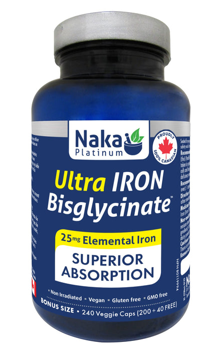 Naka Platinum Ultra Iron Bisglycinate 25mg 200+40 Veggie Caps