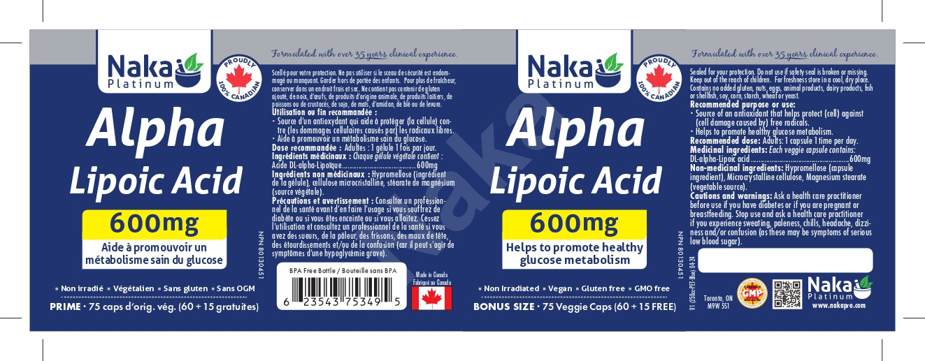 Naka Platinum Alpha Lipoic Acid 75 Veggie Caps