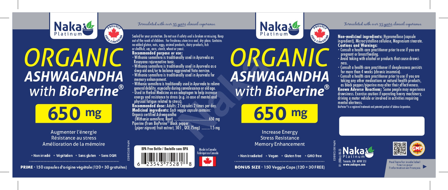 Naka Platinum Organic Ashwagandha with BioPerine 150 Veggie Caps