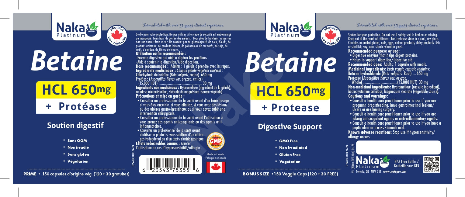 Naka Platinum Betaine HCL 650mg 150 Veggie Caps