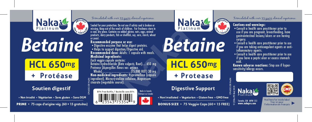 Naka Platinum Betaine HCL 650mg 75 Veggie Caps