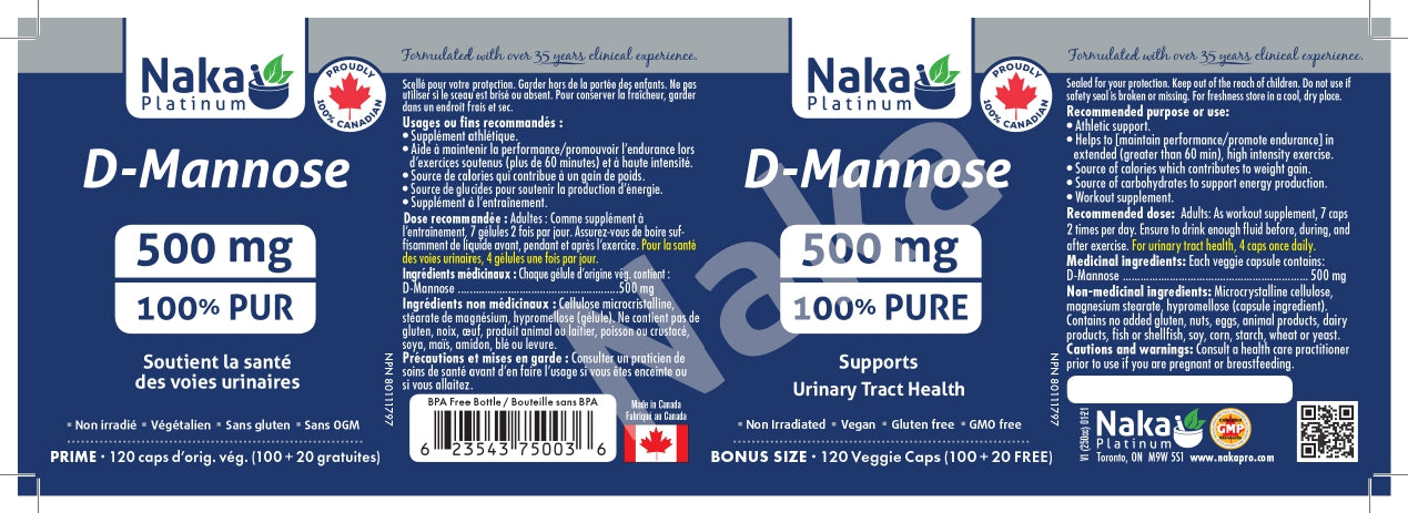 Naka Platinum D-Mannose 500mg 100+20 Veggie Caps