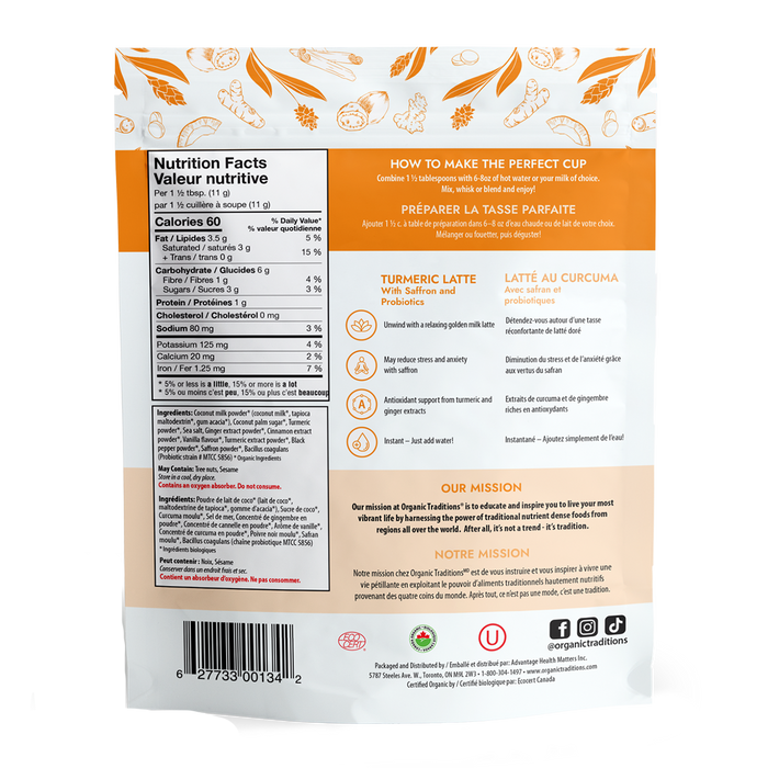 Organic Traditions Organic Turmeric Latte With Saffron And Probiotics 150g