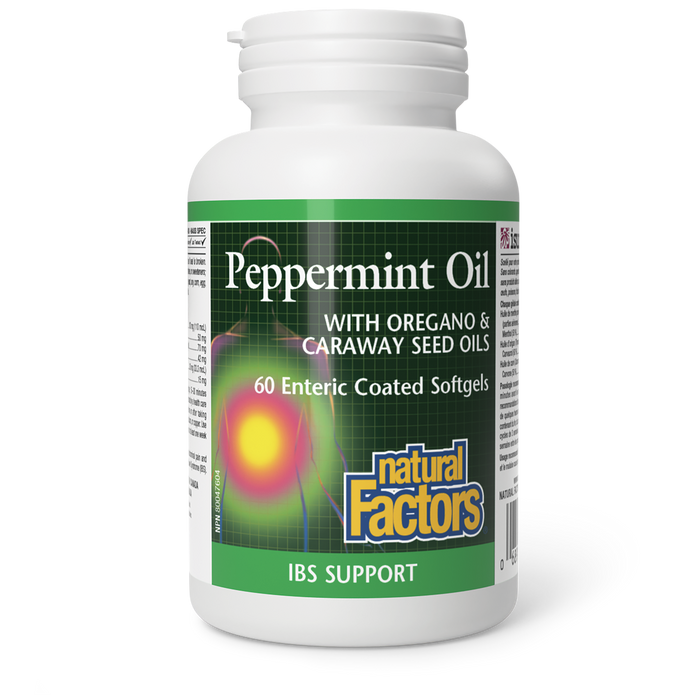 Natural Factors Peppermint Oil with Oregano & Caraway Seed Oils  60 Enteric Coated Softgels