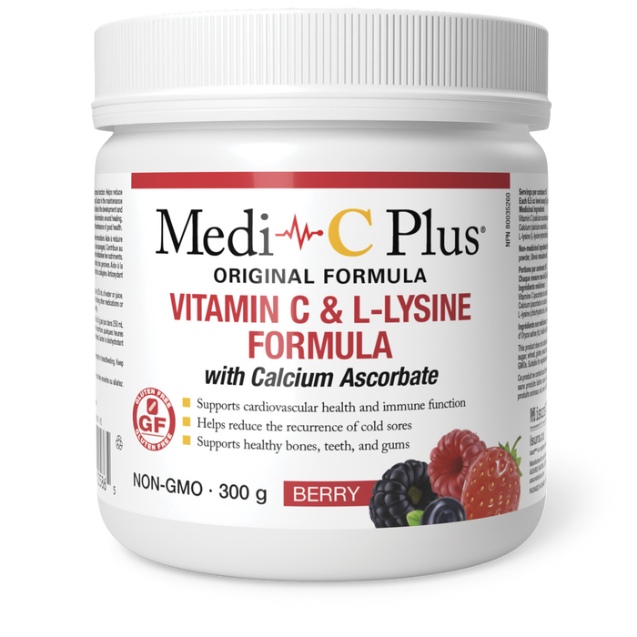 Medi-C Plus Vitamin C & L-Lysine Formula with Calcium Ascorbate 300 g Powder Berry