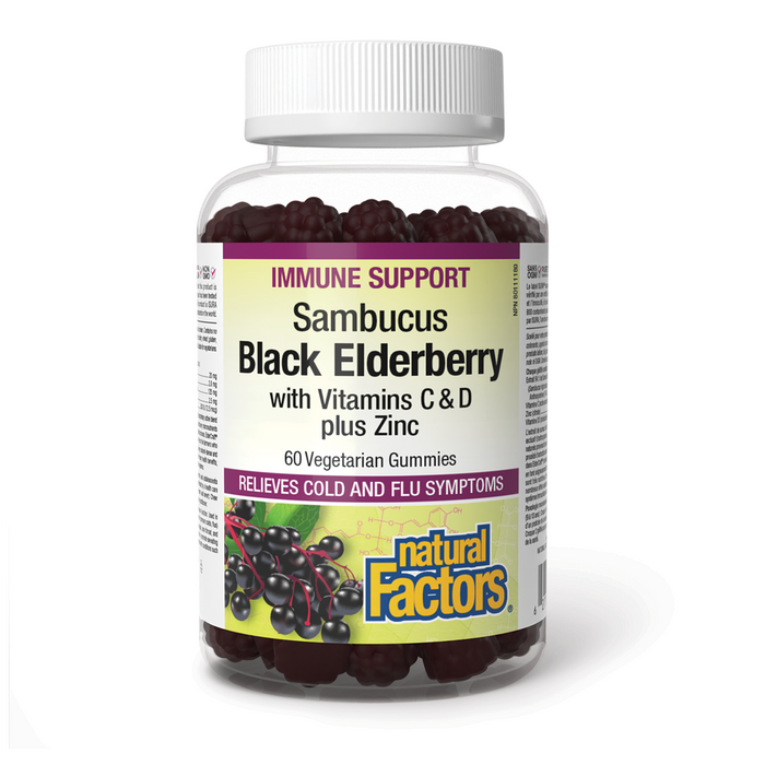 Natural Factors Sambucus Black Elderberry with Vitamins C & D plus Zinc  60 Vegetarian Gummies