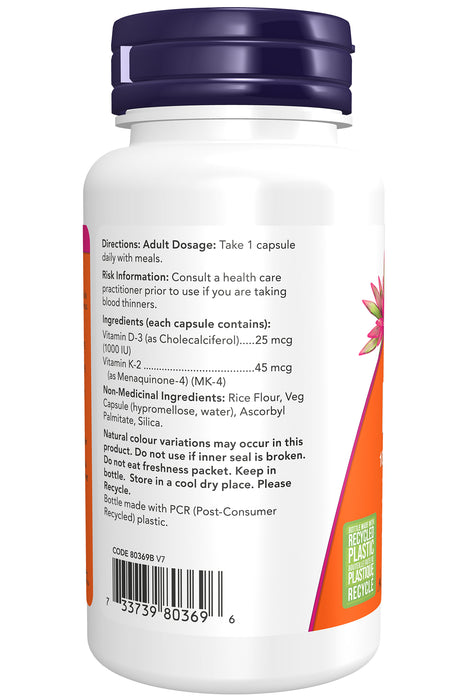 NOW Vitamin D-3 & K-2 1000 IU 120 Veggie Caps