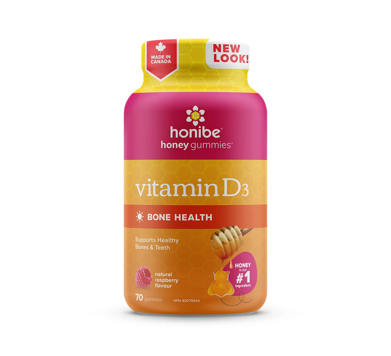 Honibe Honey Vitamin D3 Bone Health Natural Raspberry Flavour 70 Gummies