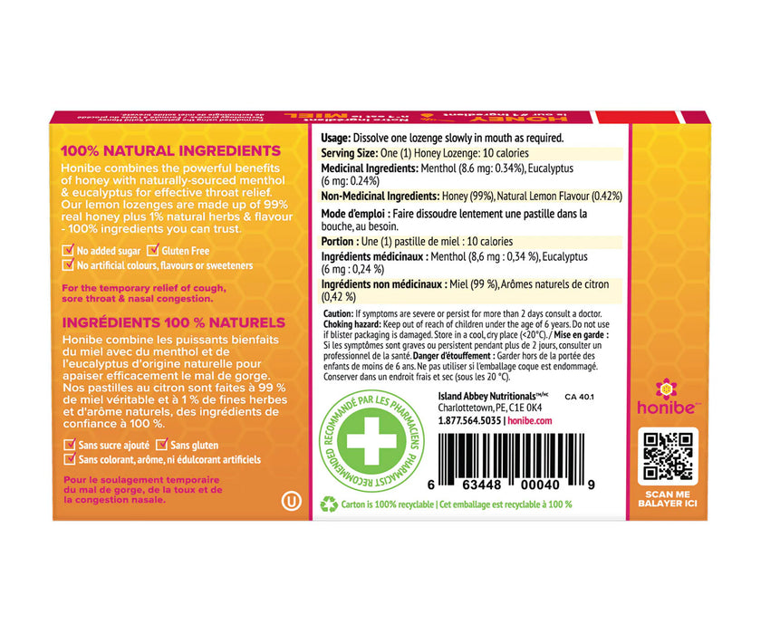 Honibe Honey Lozenges Lemon 10 Lozenges