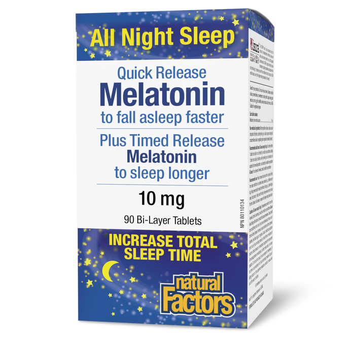 Natural Factors Melatonin  Quick Release Plus Timed Release â€¢ Bi-Layer  10 mg 90 Bi-Layer Tablets