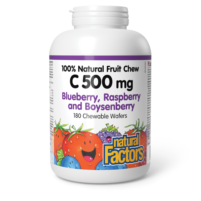 Natural Factors C 500 mg 100% Natural Fruit Chew 500 mg 180 Chewable Wafers Blueberry, Raspberry and Boysenberry