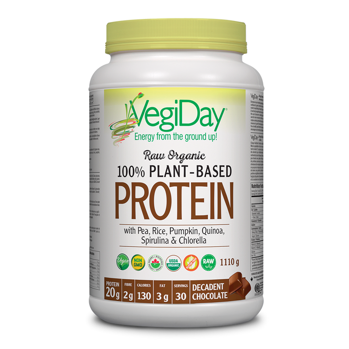 VegiDay Raw Organic Plant-Based Protein with Pea, Rice, Pumpkin, Quinoa, Spirulina & Chlorella 1110 g Powder Decadent Chocolate